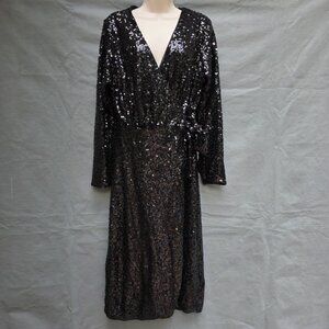H&M Black Sequin Holiday Party Long Sleeve Midi Wrap Dress Size M Christmas